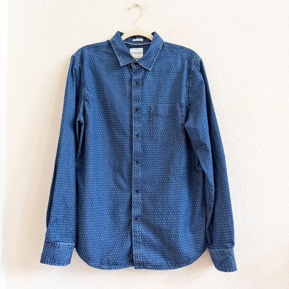 Denim & Flower Ricky Singh Mens Blue Micro Dot Slim Fit Button Down Shirt Large